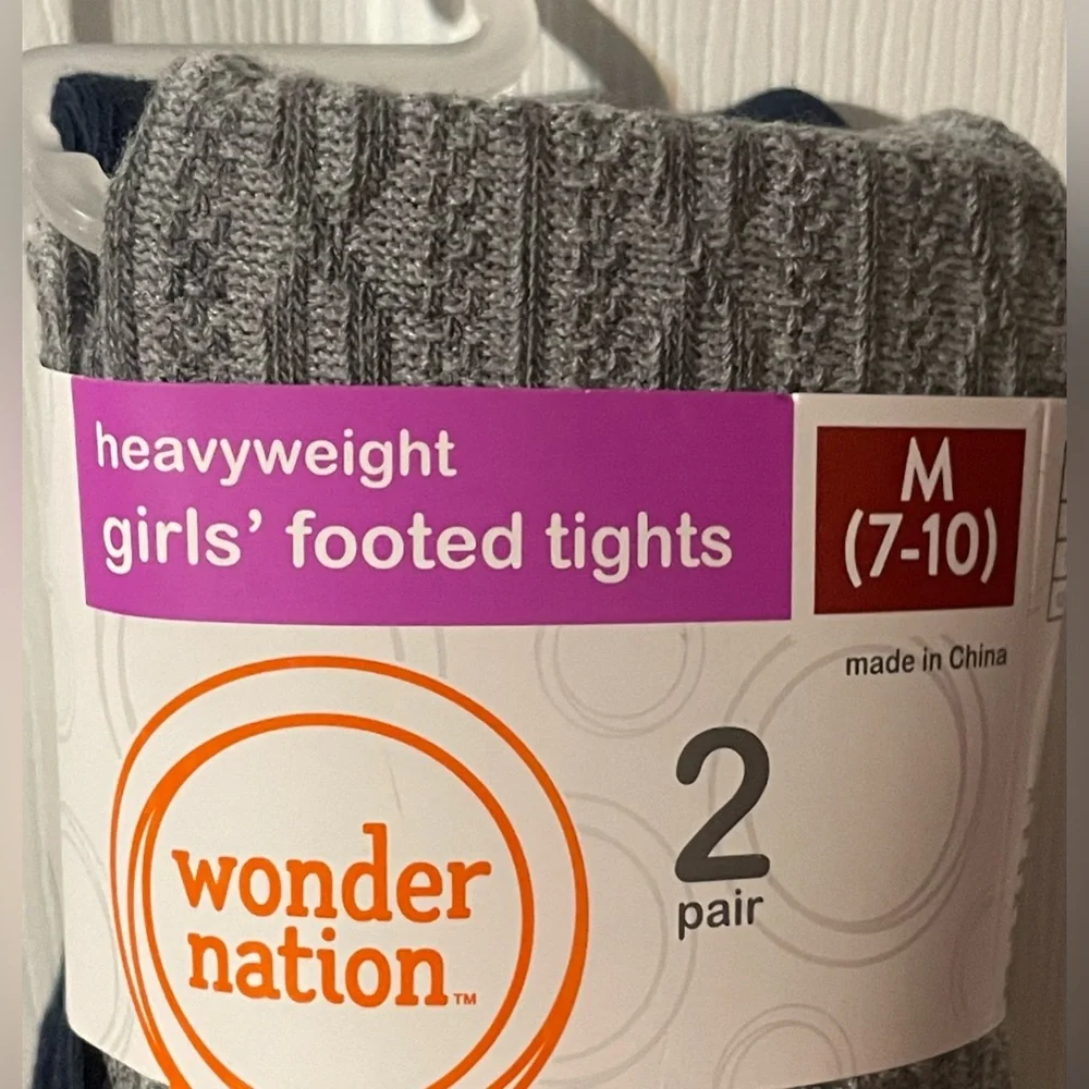 NWT WonderNation Girls Heavyweight Footed Tights‎ 2 Pack Cable Knit Gray Navy M